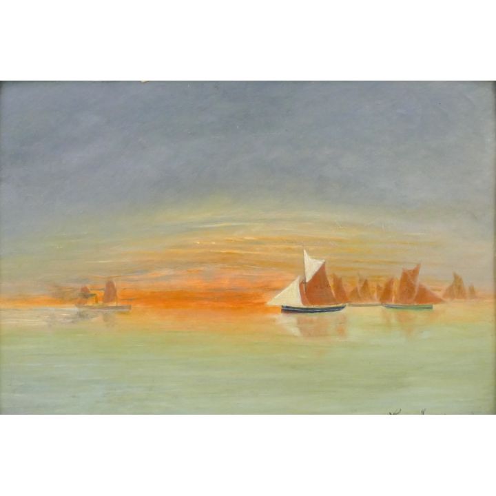 Antique Sailboats at Sunset Oil Painting on Board