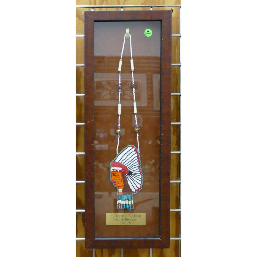 Burdeau Yakima Nation Indian Beadwork Necklace 1972 Framed 24''x8.5''