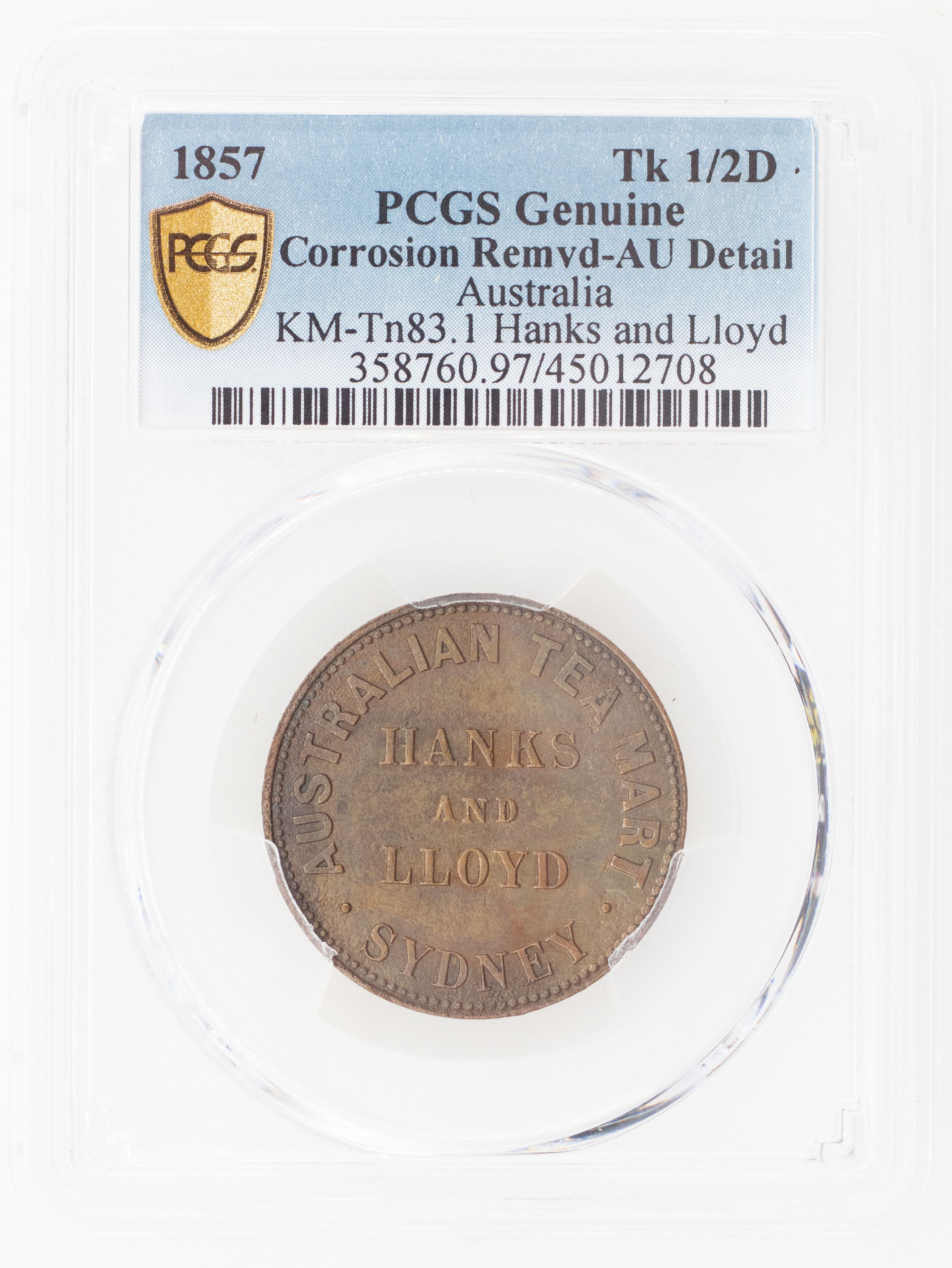 424 · Hanks & Lloyd, Sydney, NSW, Halfpenny, 1857, aUNC