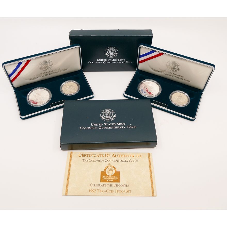 2pc US Mint Columbus Quincentenary Proof Coin Sets.