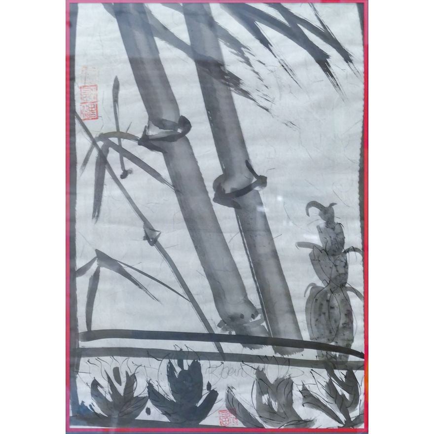 Chinese Bamboo Sumi Painting Framed 33''x23''