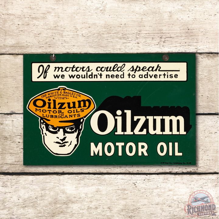 Rare Oilzum Motor Oil "If Motors Could Speak" Hanging Double Sided Tin Sign