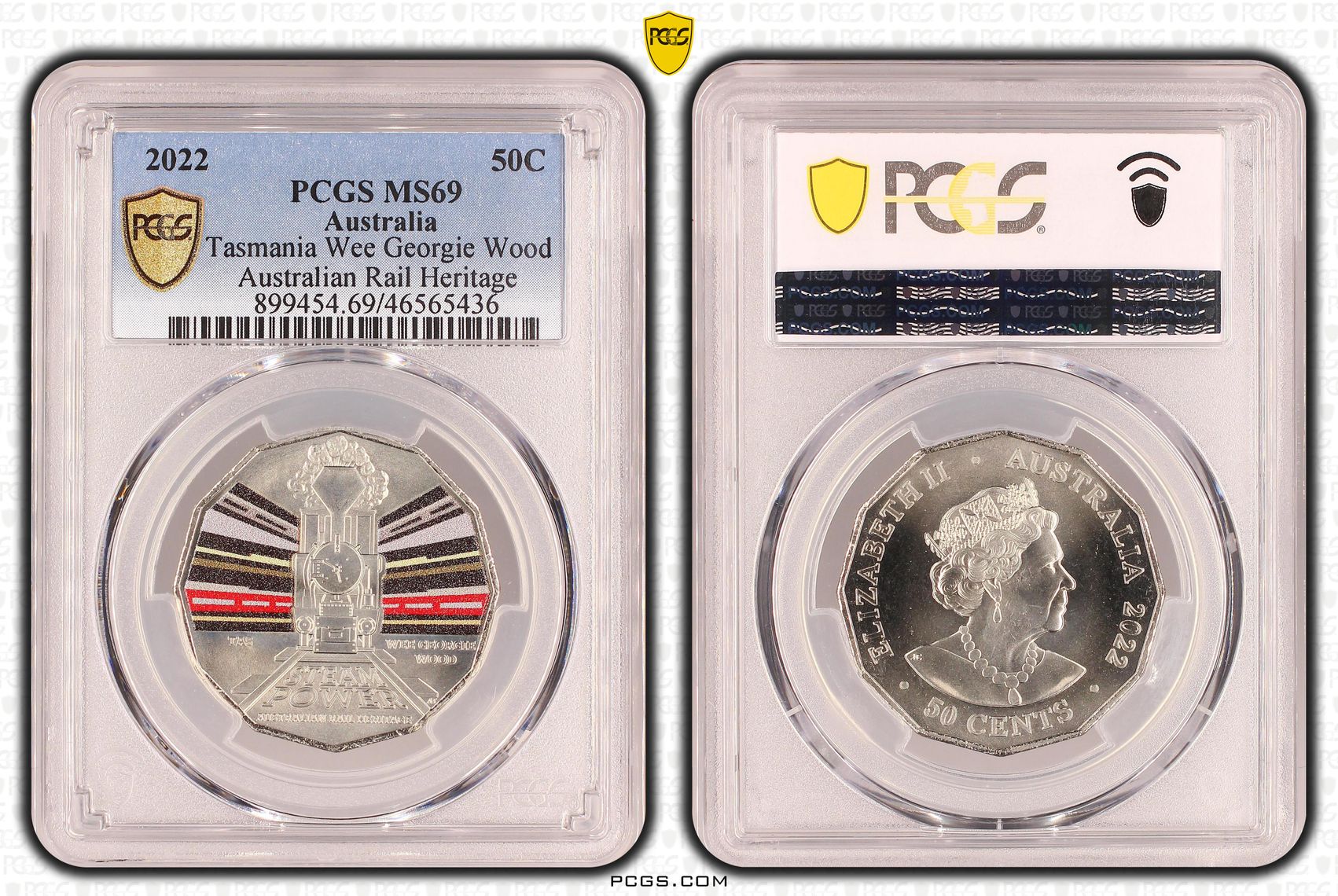 Tasmania Wee Georgie Wood Rail Heritage Colourised, Fifty Cent, 2022, PCGS MS69