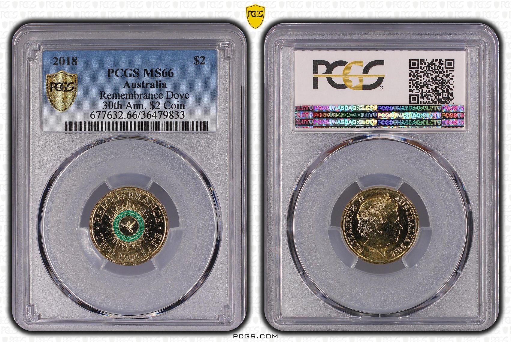 2018 Australia Two Dollar, $2 Remembrance Dove 30th Ann. $2 Coin PCGS - MS66 -833