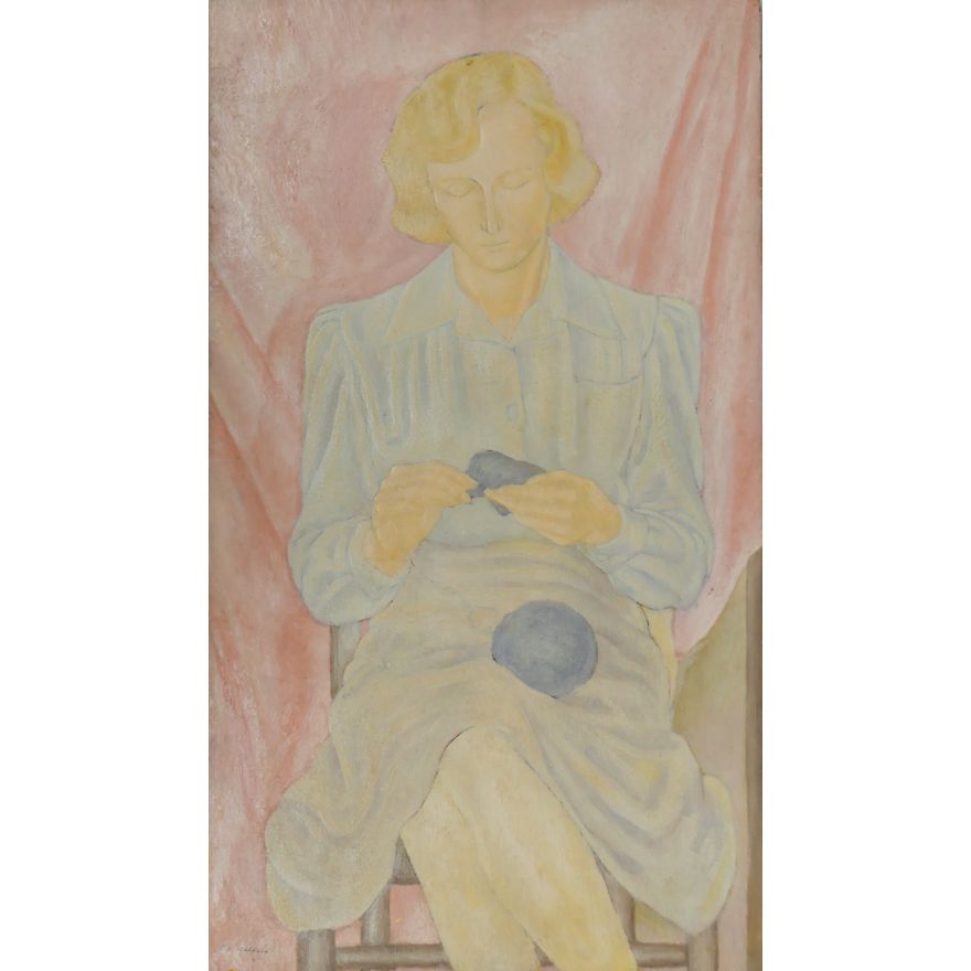 WPA Era ''Woman Knitting'' Oil on Panel 28''x16''