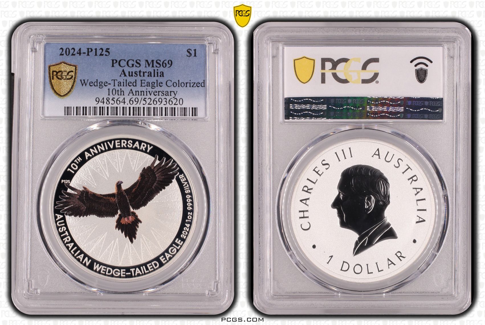 Wedge-Tailed Eagle Colourised 10th Anniversary, One Dollar, 2024-P125, PCGS MS69