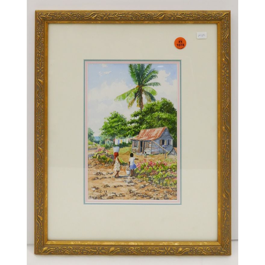 Anne Miller ''Fetching Water'' African American Scene Watercolor Framed. 15''x12''