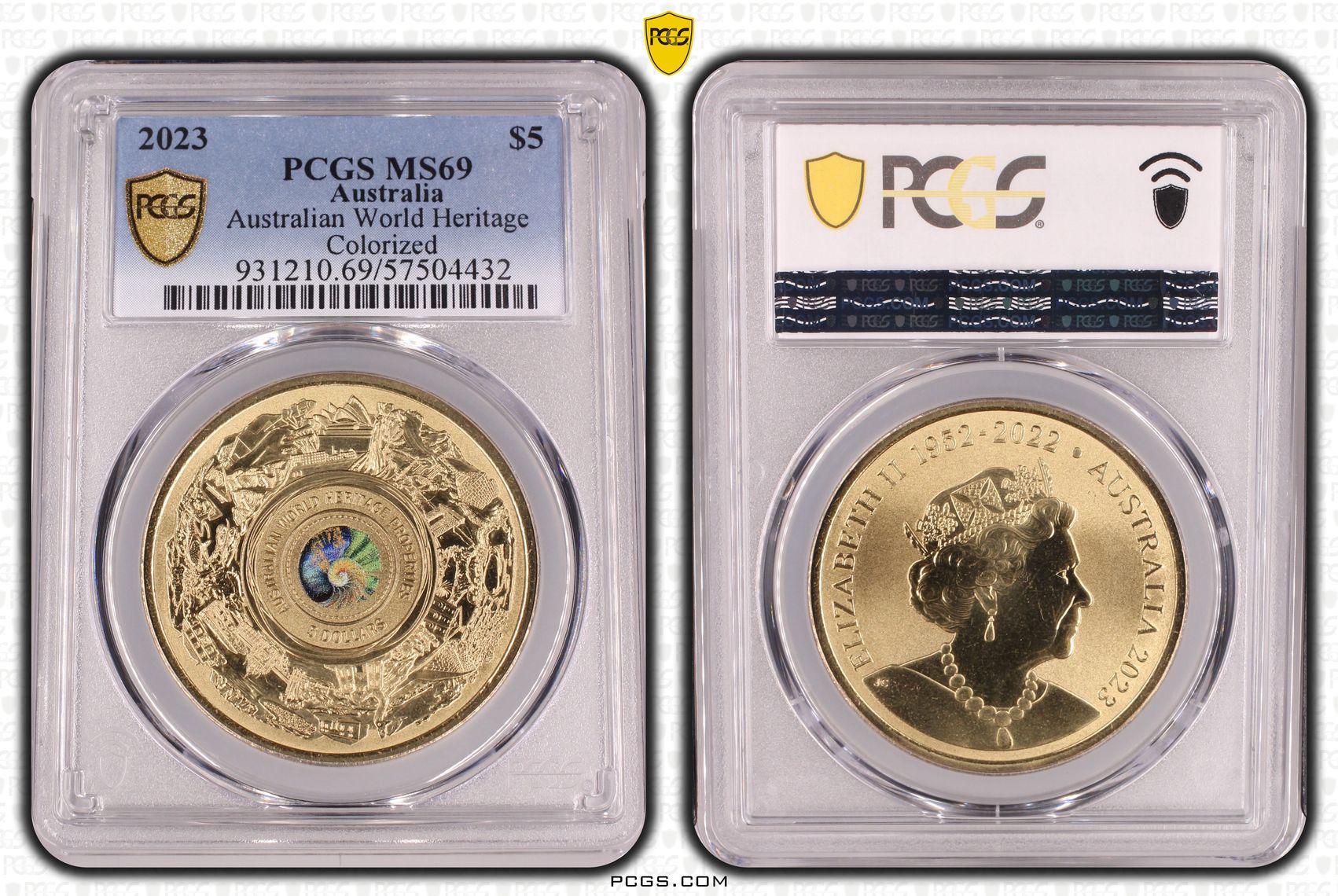 Australian World Heritage Colourised, Five Dollar, 2023, PCGS MS69