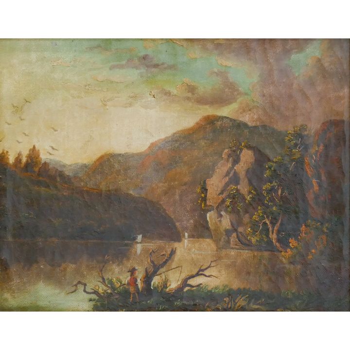 Antique American Small Landscape Oil on Canvas Framed 11.5''x13.5''