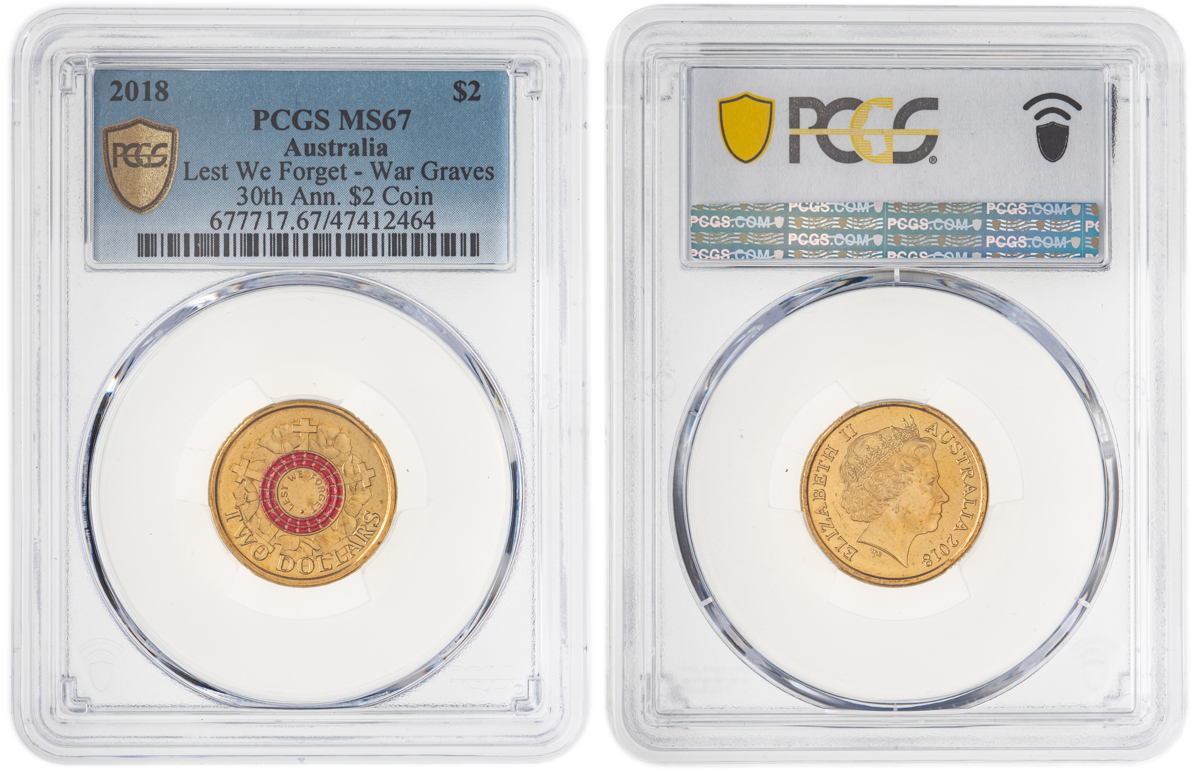 Elizabeth II, Lest We Forget - War Graves 30th Ann. $2 Coin, Two Dollar, 2018, PCGS MS67