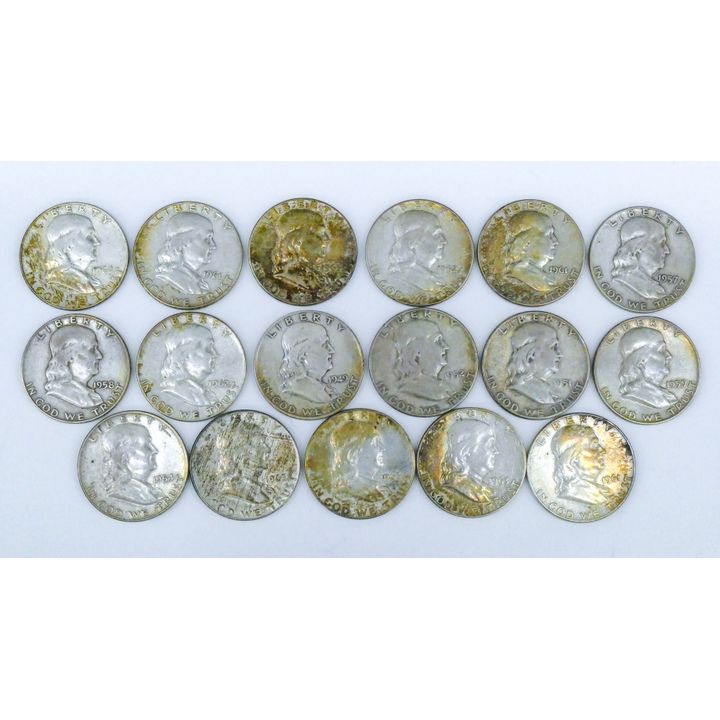 Box 17pc US Franklin Silver Half Dollars