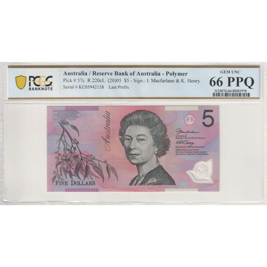 Macfarlane/Henry, Last Prefix, Five Dollar, 2005, PCGS Gem UNC 66 PPQ