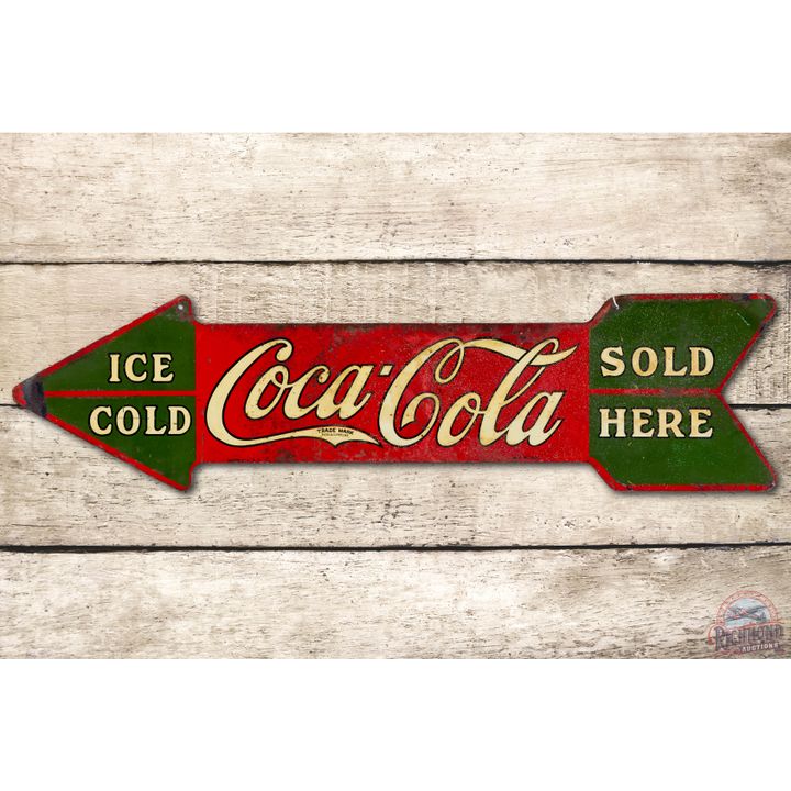 Enjoy Coca Cola Sold Here Ice Cold Die Cut Arrow Tin Sign