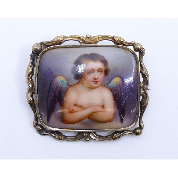 Victorian 12k Mounted Putto Painted Minuiature Brooch