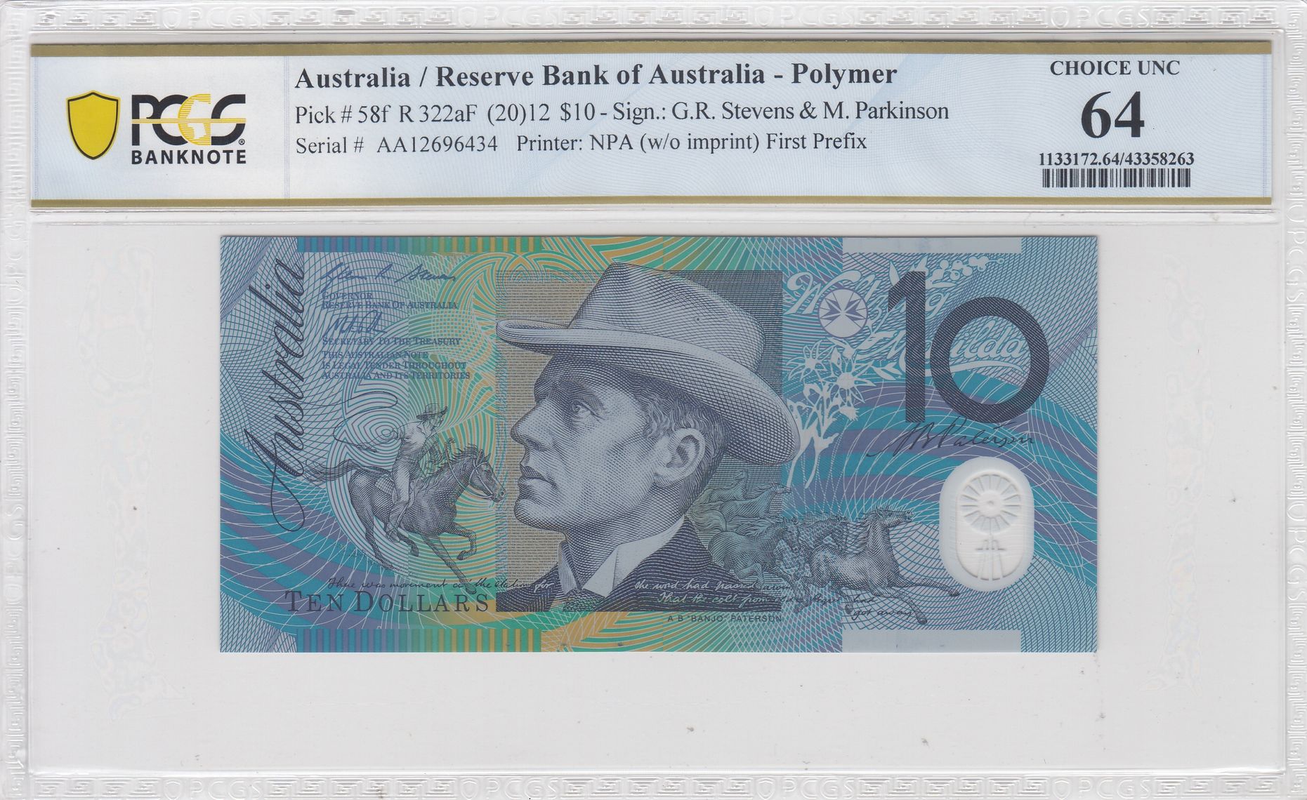 2012 $10 Stevens/Parkinson Choice Unc 64 First Prefix