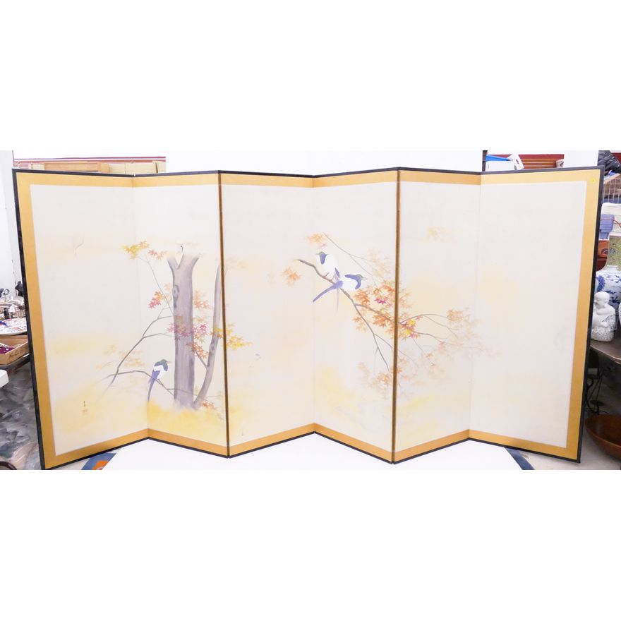 Japanese 6 Panel Birds on Branches Painted Room Screen- 68x146''- 2 torn panels