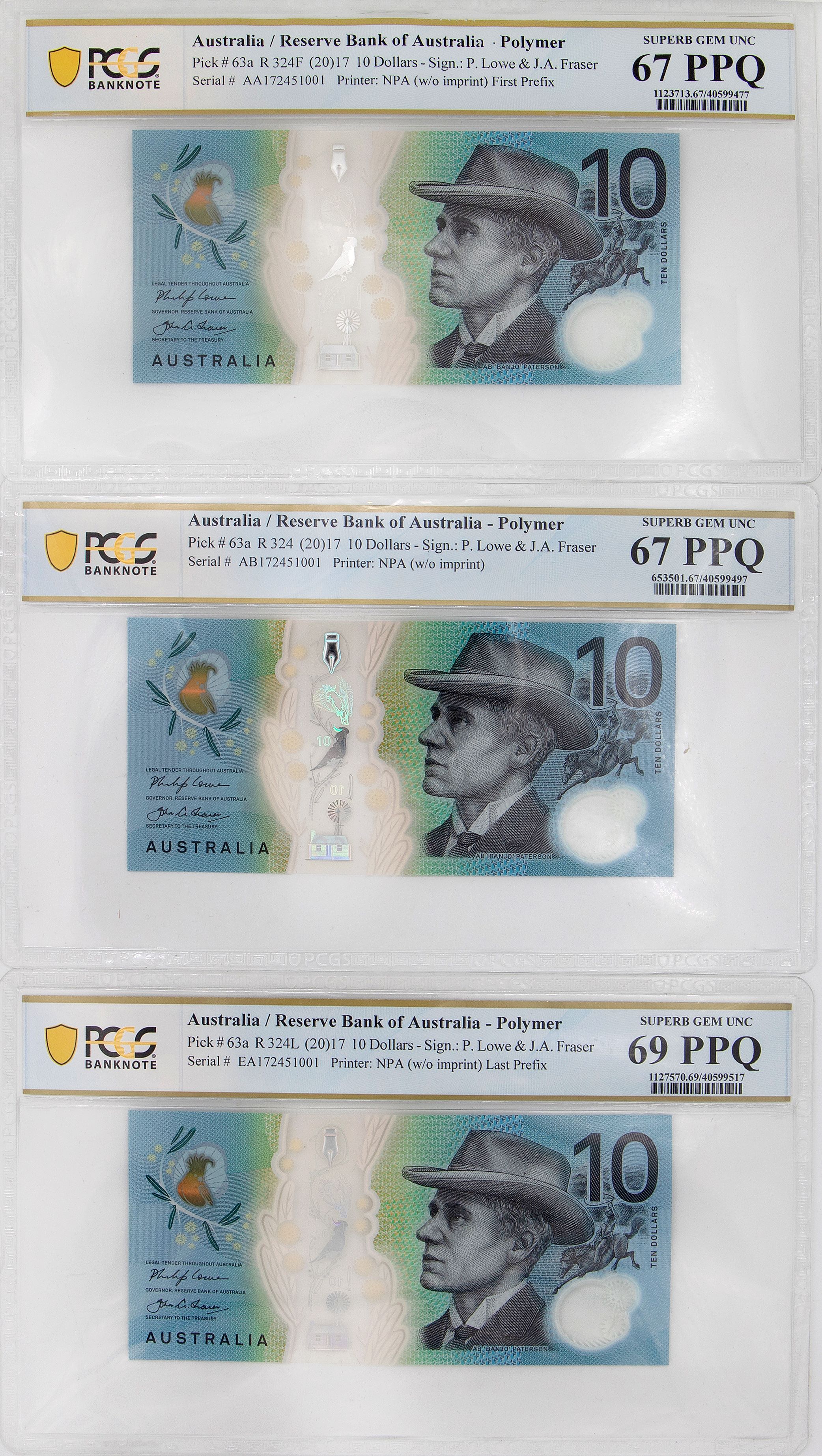 Lowe/Fraser, Set of Three Matching Serial Notes with First and Last Prefix, Ten Dollar, 2017, PCGS Superb Gem UNC 67 PPQ