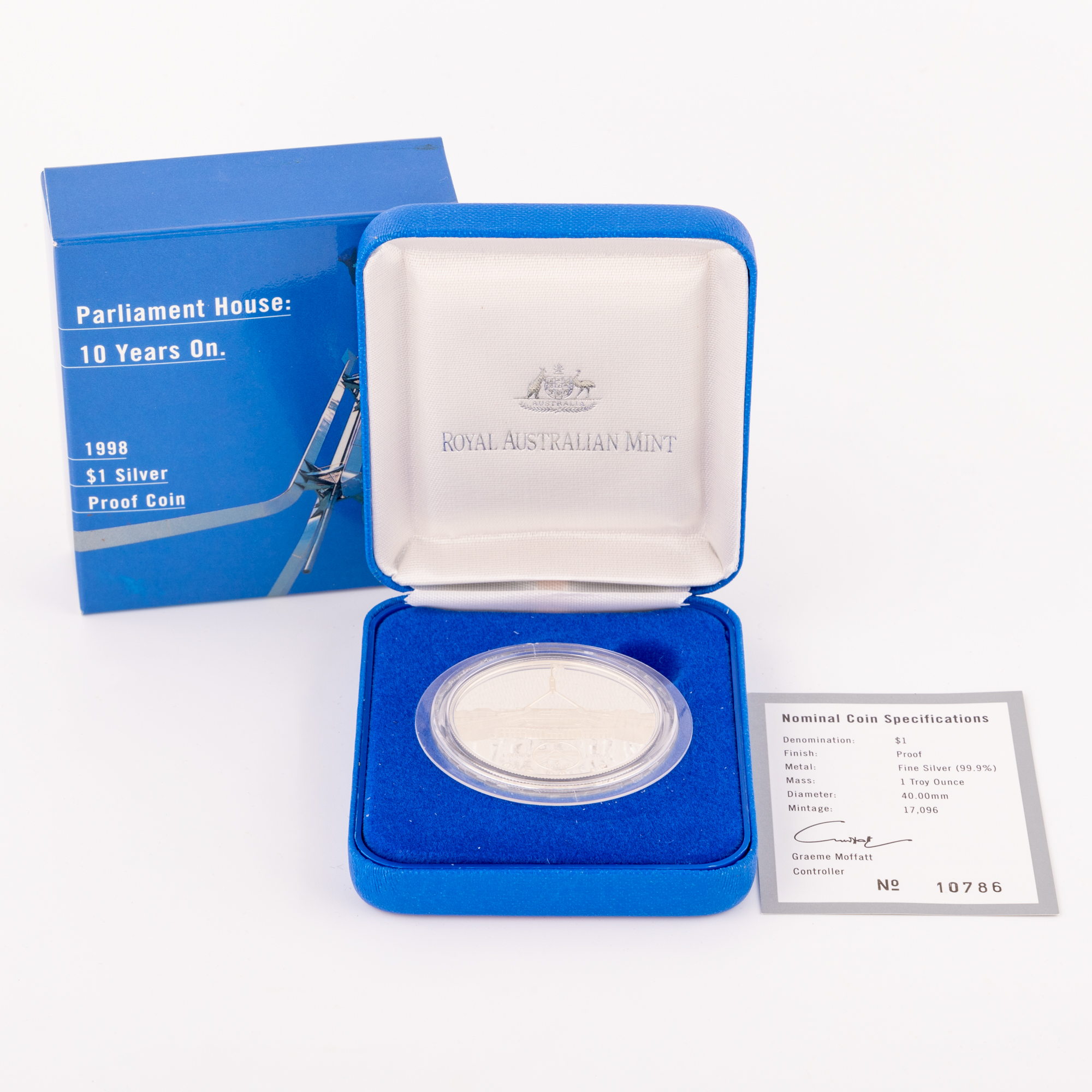 Elizabeth II, Parliament House: 10 Years On Silver Proof Coin, One Dollar, 1998, UNC