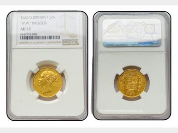 1855 VICTORIA YOUNG HEAD 'W.W. INCUSED' LONDON MINT SHIELD GOLD SOVEREIGN NGC AU55