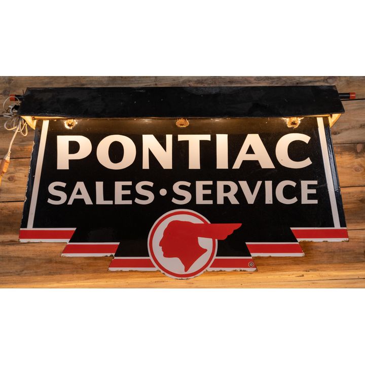 Pontiac Sales & Service w/ Full Feather Logo Double Sided Porcelain Hood Sign TAC 8.9