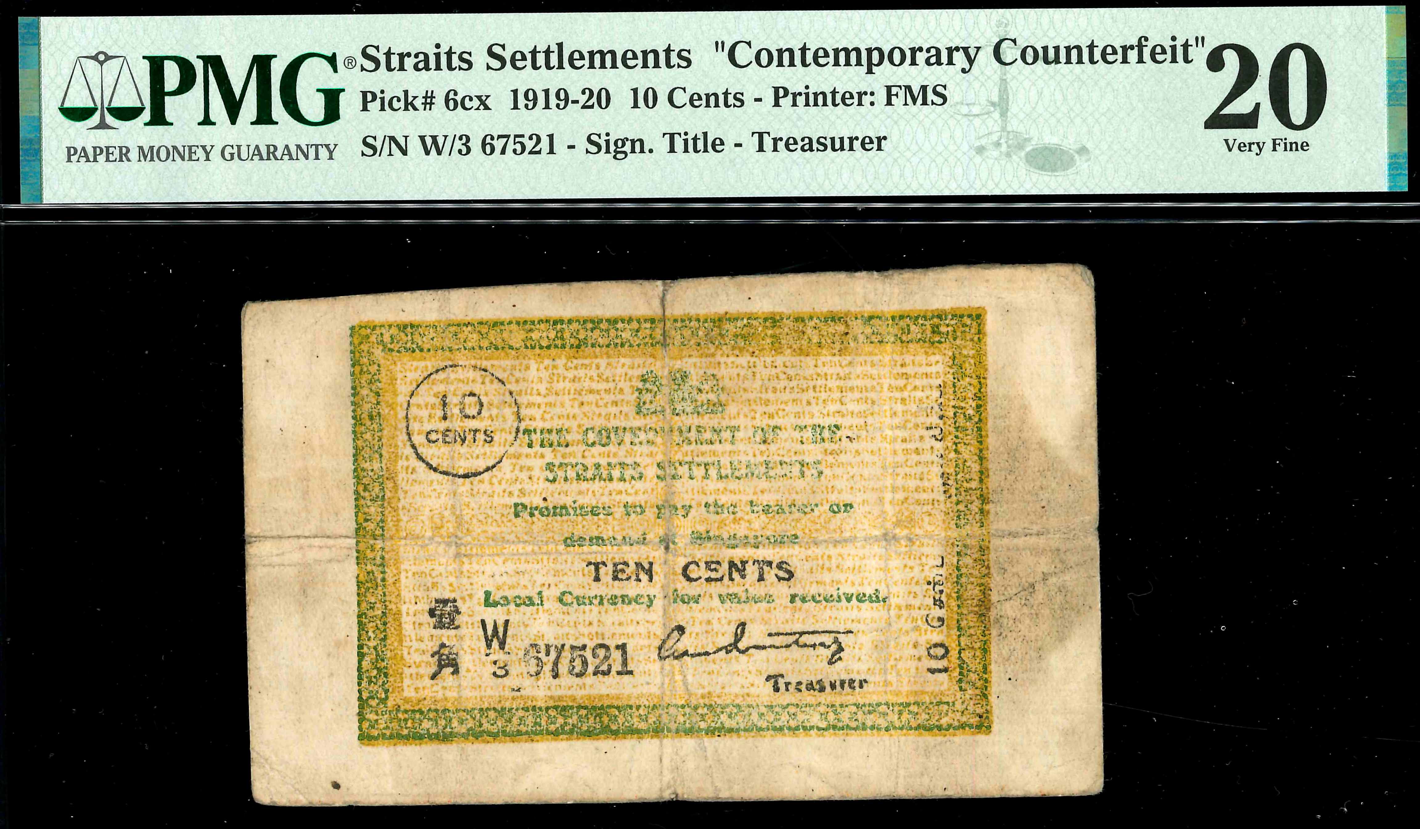 Straits Settlements, 1919-20, 10 Cents, S/N. W/3 67521 