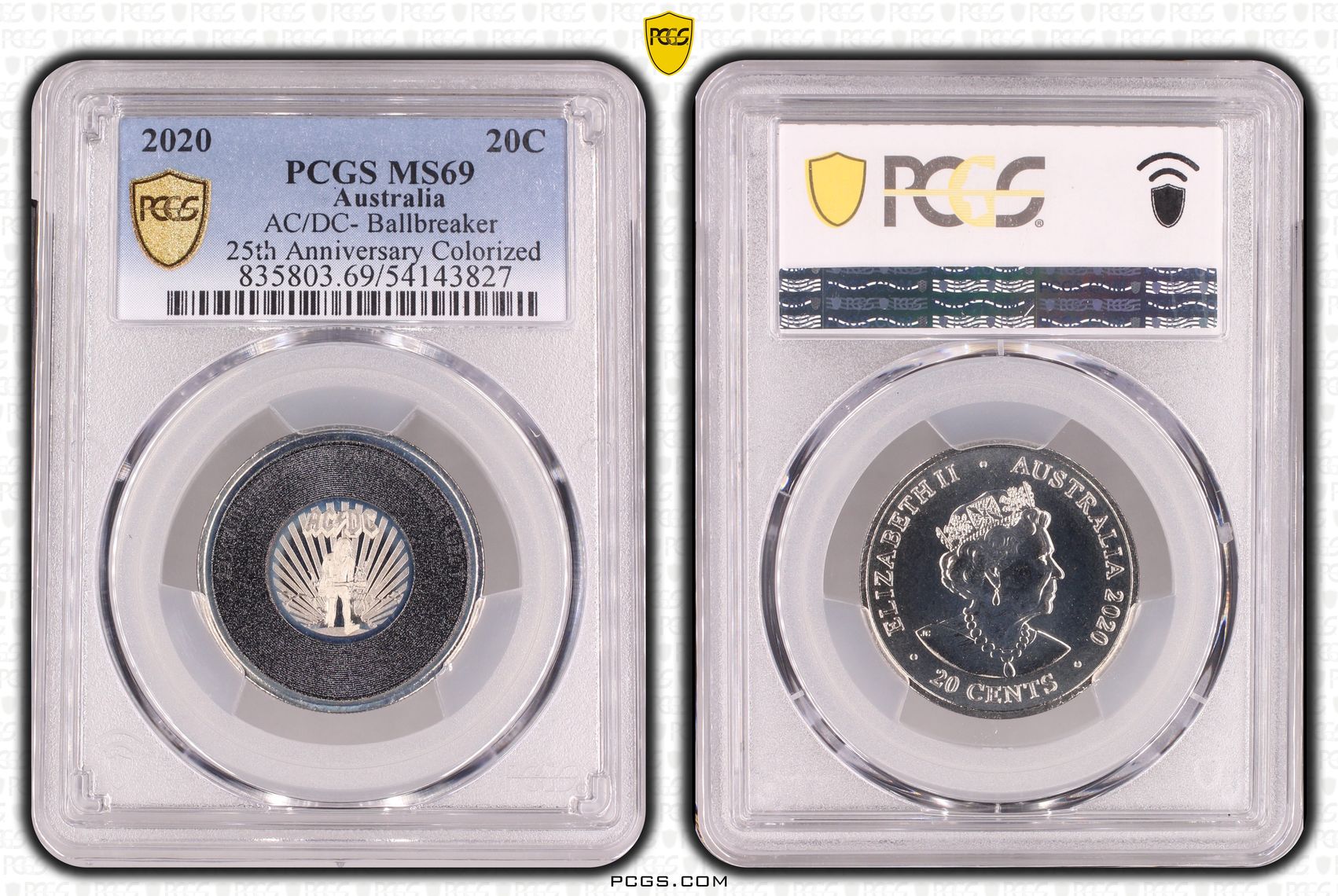 AC/DC- Ballbreaker 25th Anniversary Colourised, Twenty Cent, 2020, PCGS MS69