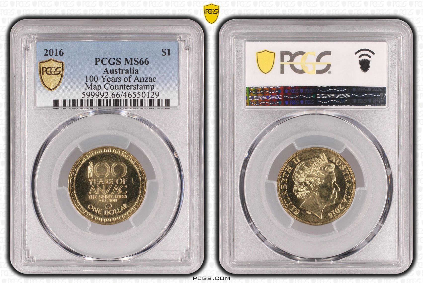100 Years of Anzac, Map Counterstamp, One Dollar, 2016, PCGS MS66