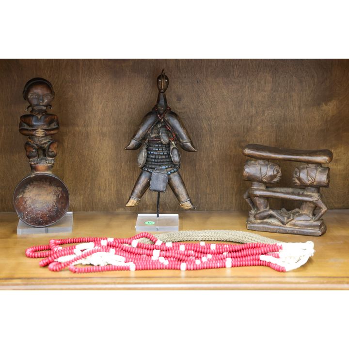 4pc Old African Tribal Wood Figures and Necklace 6'' to 18''
