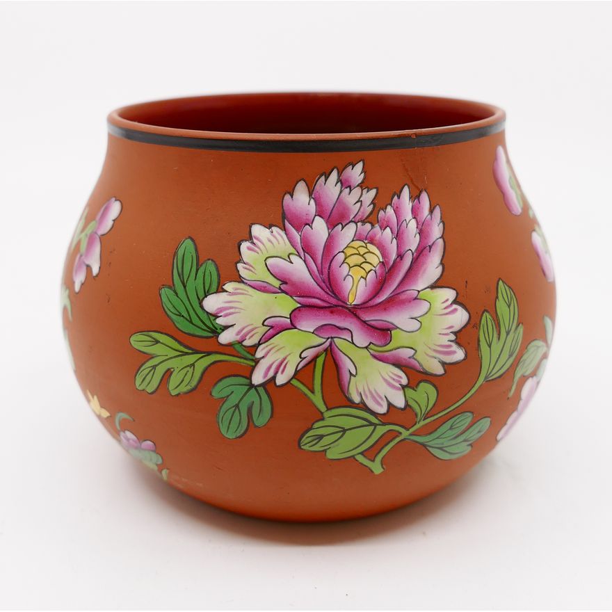 Wedgwood Rosso Antico Enameled Floral Small Vase- 3.25" (chip to rim)