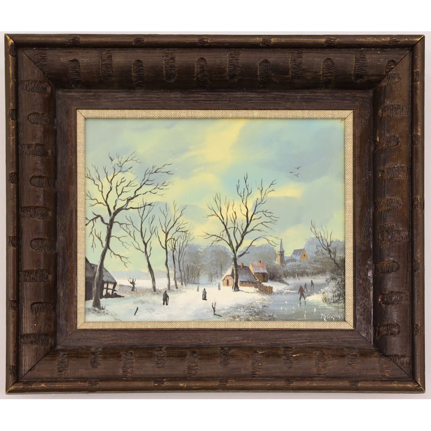 Vintage Voss Dutch Scene Oil Painting Framed 12.5''x14.5''