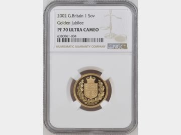 2002 ELIZABETH II GOLDEN JUBILEE PROOF GOLD SOVEREIGN PF70 UCAM