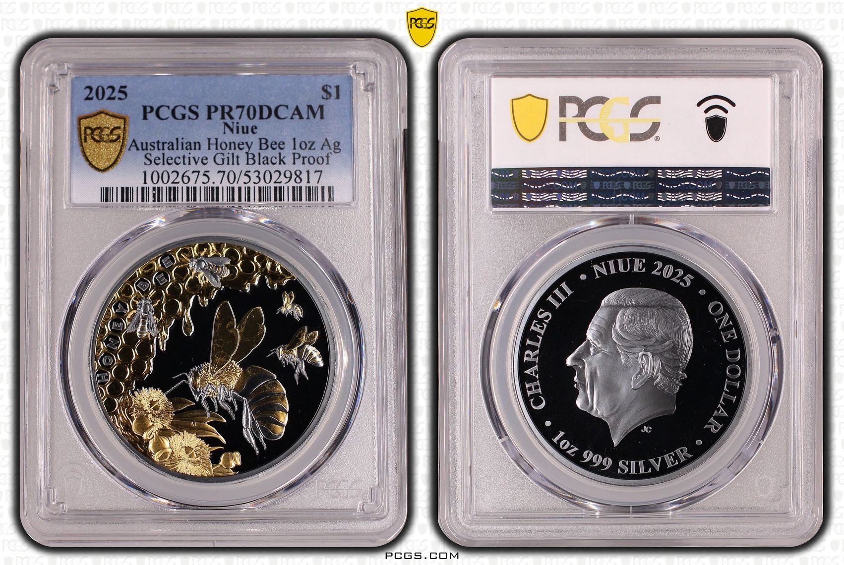 Niue, Australian Honey Bee 1oz Select Gilt Black Silver, 24/0, One Dollar, 2025, PCGS PR70DCAM