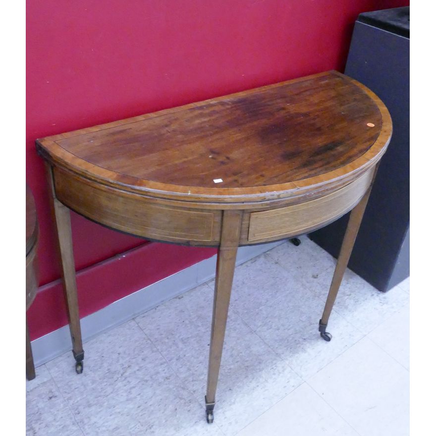Period American Inlaid Mahogany Demilune Game Table- 30x39x19''