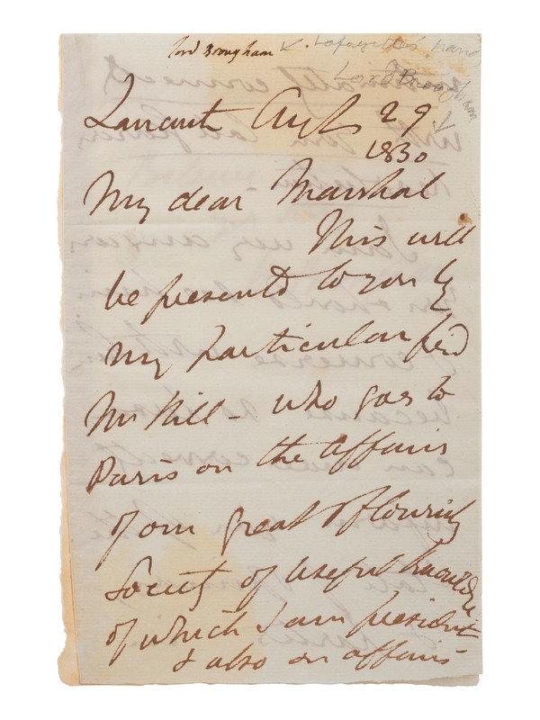 BROUGHAM, Henry P. (1778-1868). Autograph letter signed ("H. Brougham") with identification possibly in Marquis de Lafayette's hand. Lancaster, 29 August[?] 1830.