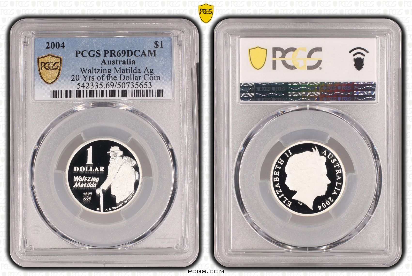 Waltzing Matilda Ag - 20 Yrs of the Dollar Coin , One Dollar, 2004, PCGS PR69DCAM
