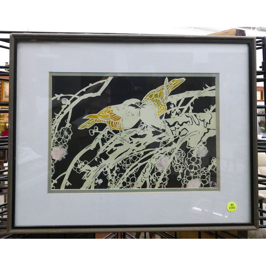 Aki Sogabe Birds on Branch Papercut Framed- 15x19''