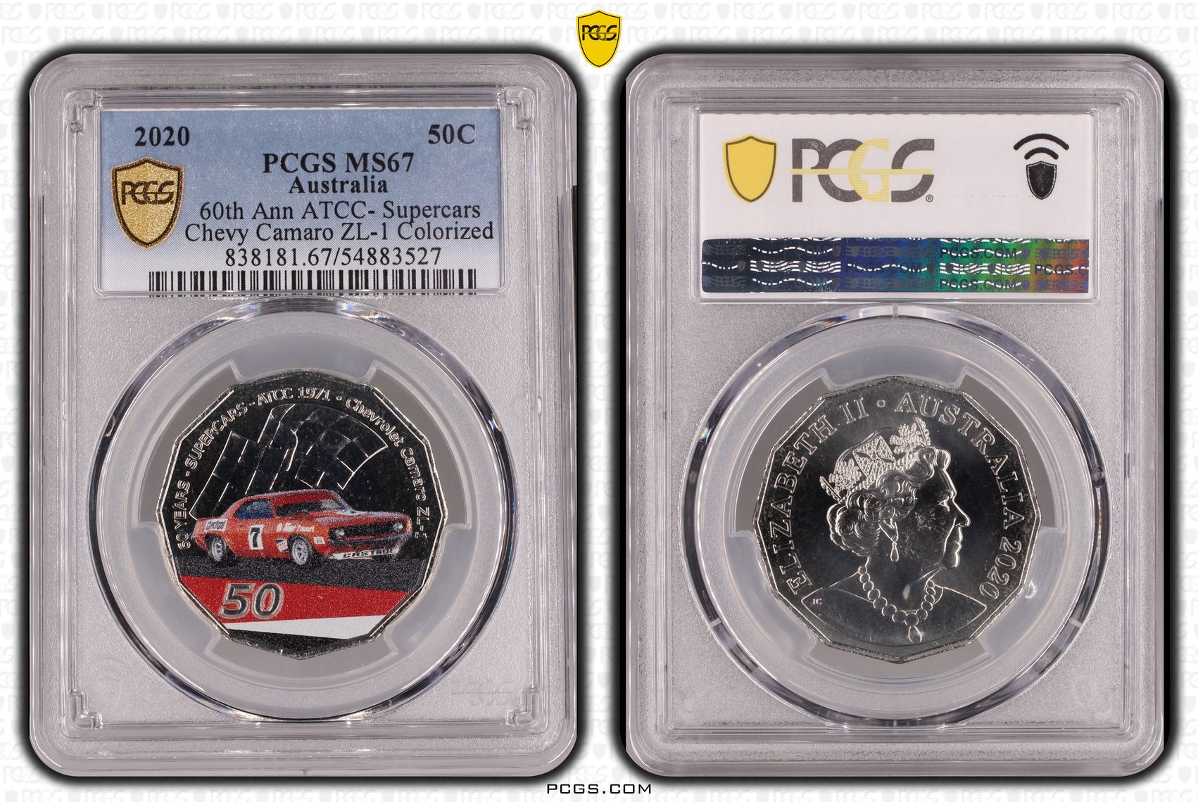 60th Ann ATCC- Supercars Chevy Camaro ZL-1 Colorized, Fifty Cent, 2020, PCGS MS67