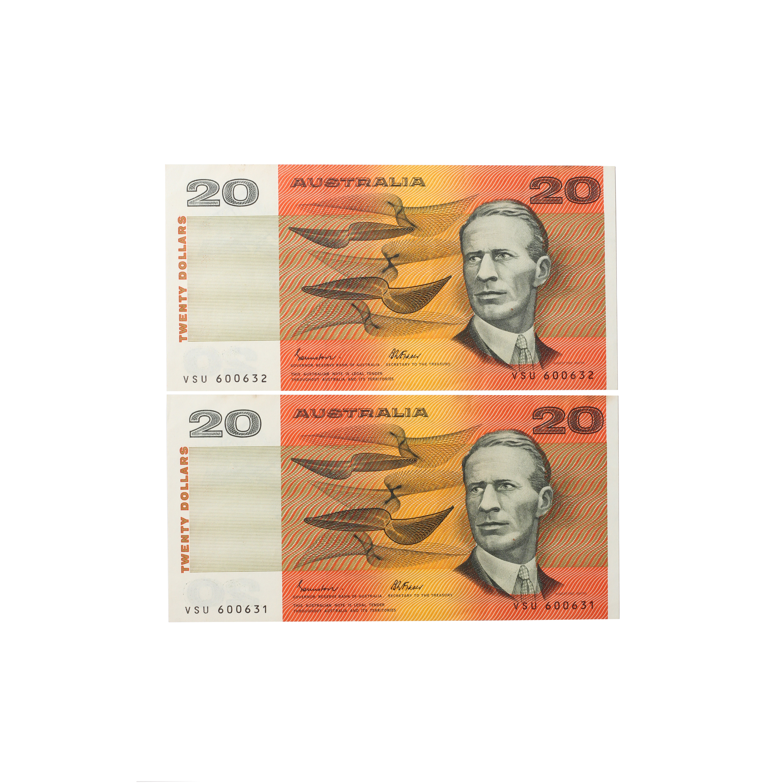 2035. · Consecutive Pair, Johnston/Fraser, Twenty Dollars, 1985, UNC