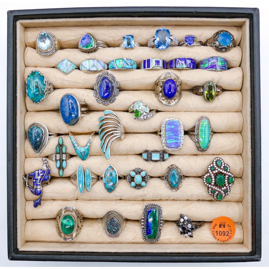 Display 35pc Sterling Turquoise & Stone Rings Assorted