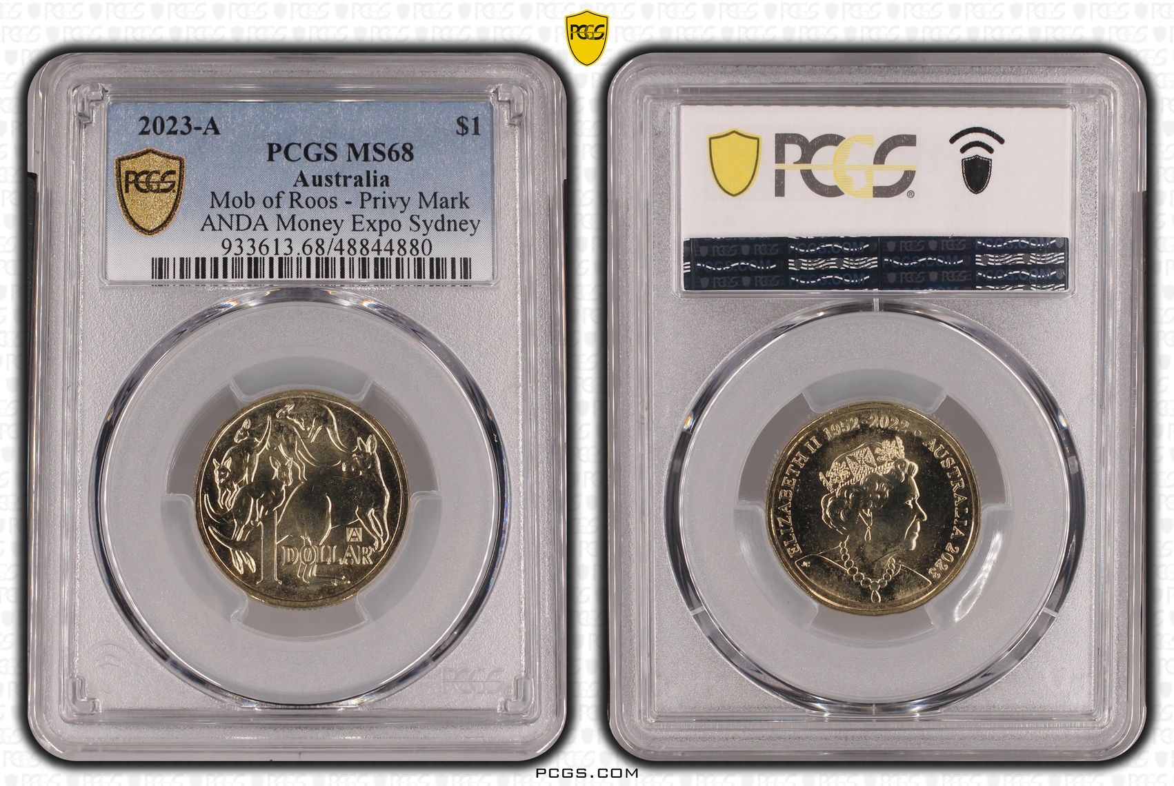 Mob of Roos - Privy Mark ANDA Money Expo Sydney, One Dollar, 2023-A, PCGS MS68