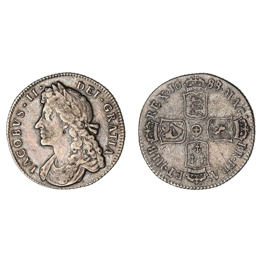 James II (1685-1688), Shilling, 1688 over 7, laureate and draped bust ...