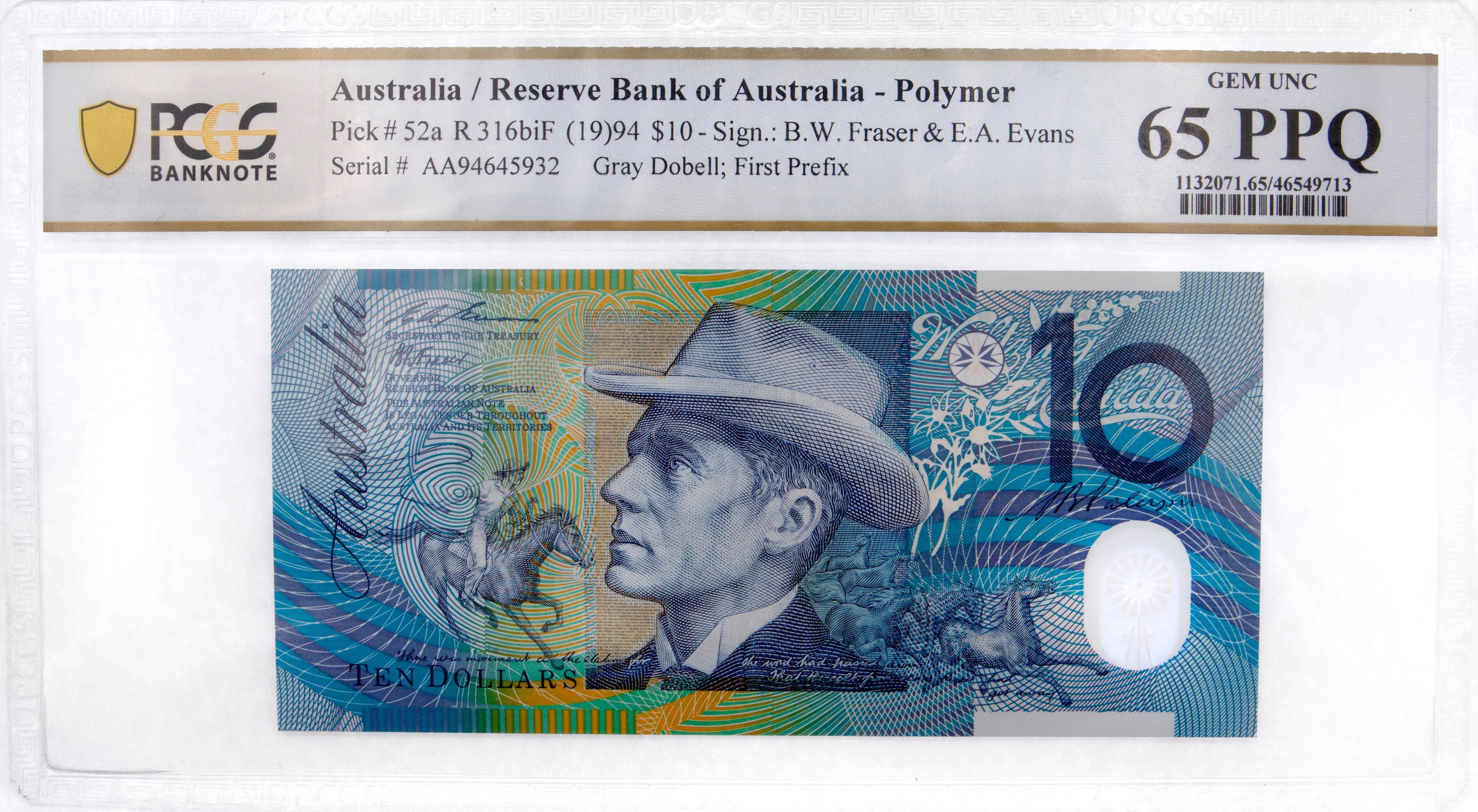 Fraser/Evans, Gray Dobell; First Prefix, Ten Dollar, 1994, PCGS Gem UNC 65 PPQ