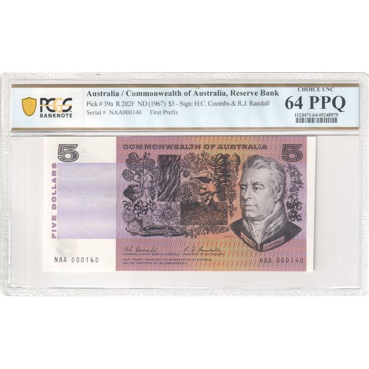 1967 Australia $5 Banknote Coombs/Randall Choice Unc 64 PPQ First Prefix - R.202F