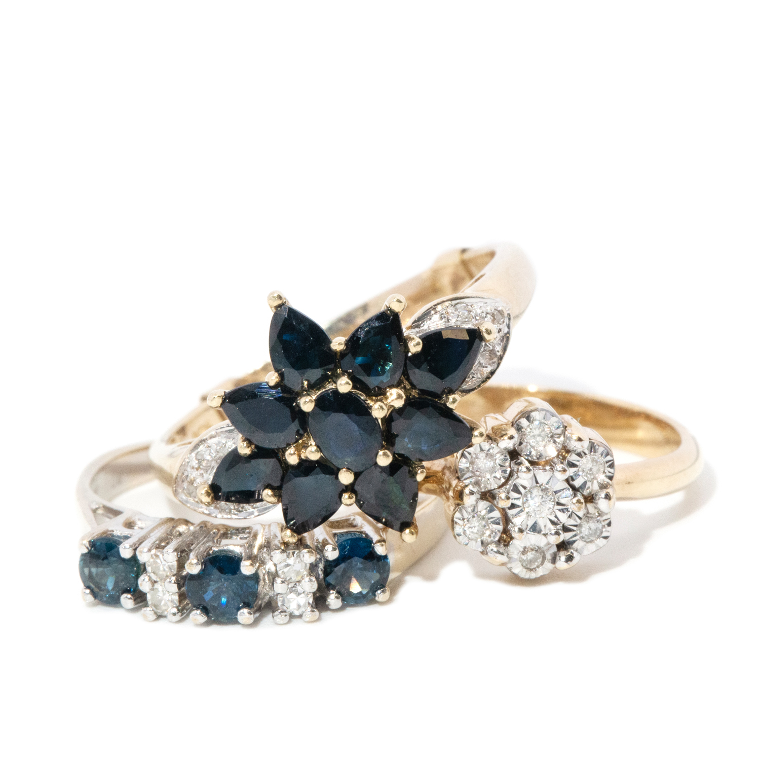 Three gold, diamond and sapphire rings