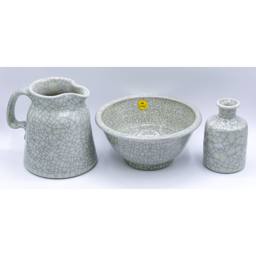 3pc Louis Mideke Crackle Glaze Grey Pottery Pitcher, Bowl & Vase Set