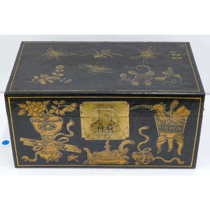 Old Chinese Gilt Lacquered Black Small Trunk 8.5''x18''x10''