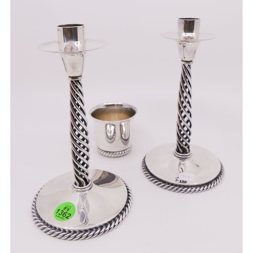 3pc American Sterling Rope Twist Candlesticks and 835 Silver Toothpick