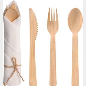 PRE ROLLED NAPKIN AND BAMBOO CUTLERY SET - 50PACK BAMBOO UTENSILS/COMPOSTABLE CUTLERY(50 FORKS, 50 KNIVES, 50 SPOONS, 50 NAPKINS),