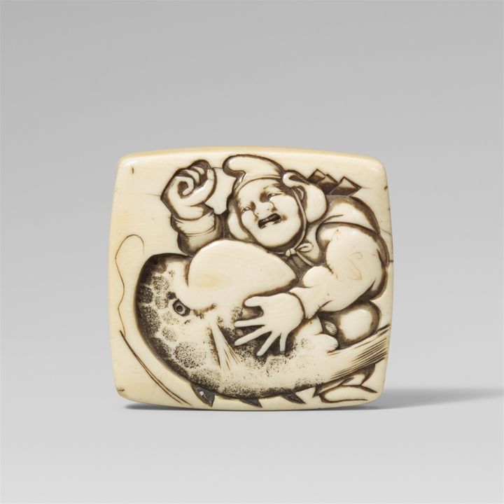 A large Osaka school ivory square manjû of Ebisu, by Doyu. Mid-19th century