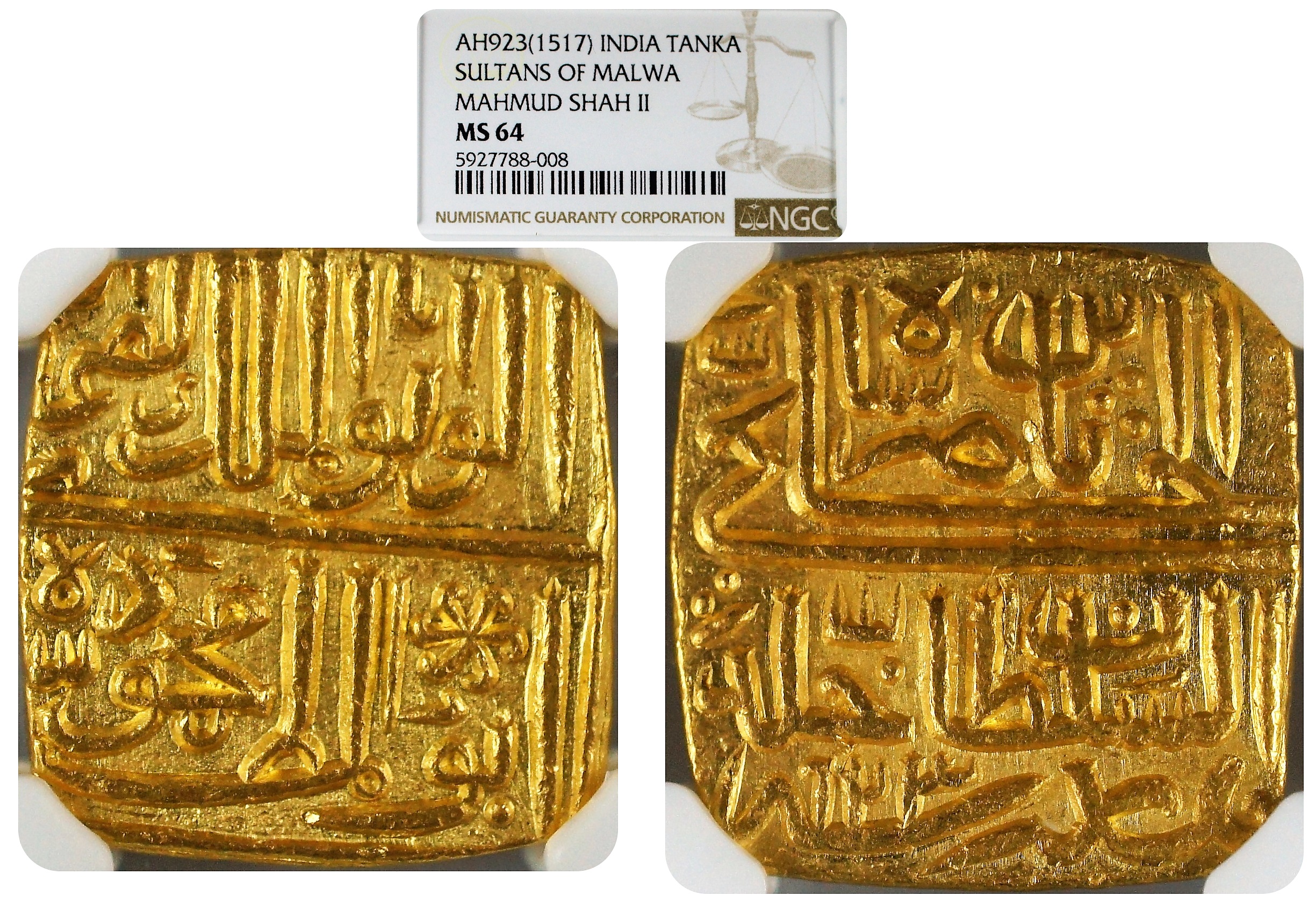 India Mughal Empire Sultans of Malwa Mahmud Shah II Gold Square Tanka NGC MS64 - Very Rare in this grade